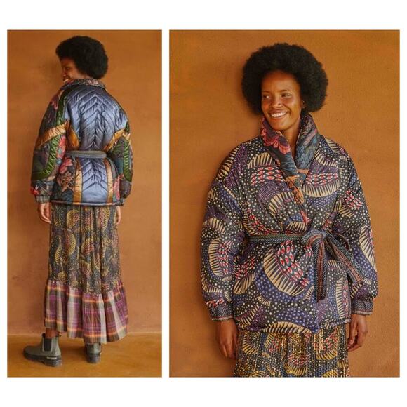 Farm Rio Black Wild Bananas Metallic Reversible Puffer Jacket Size Small - Picture 2 of 11